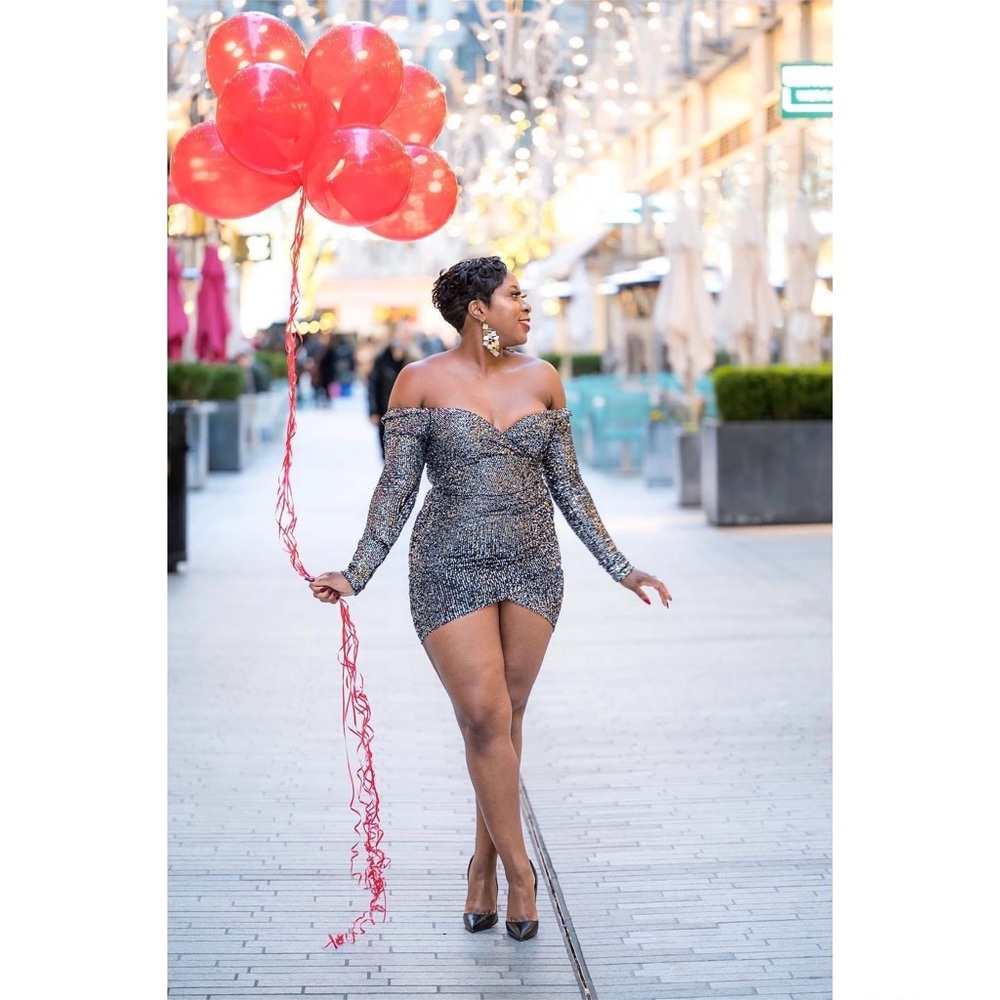 Off the shoulder silver sequin dress